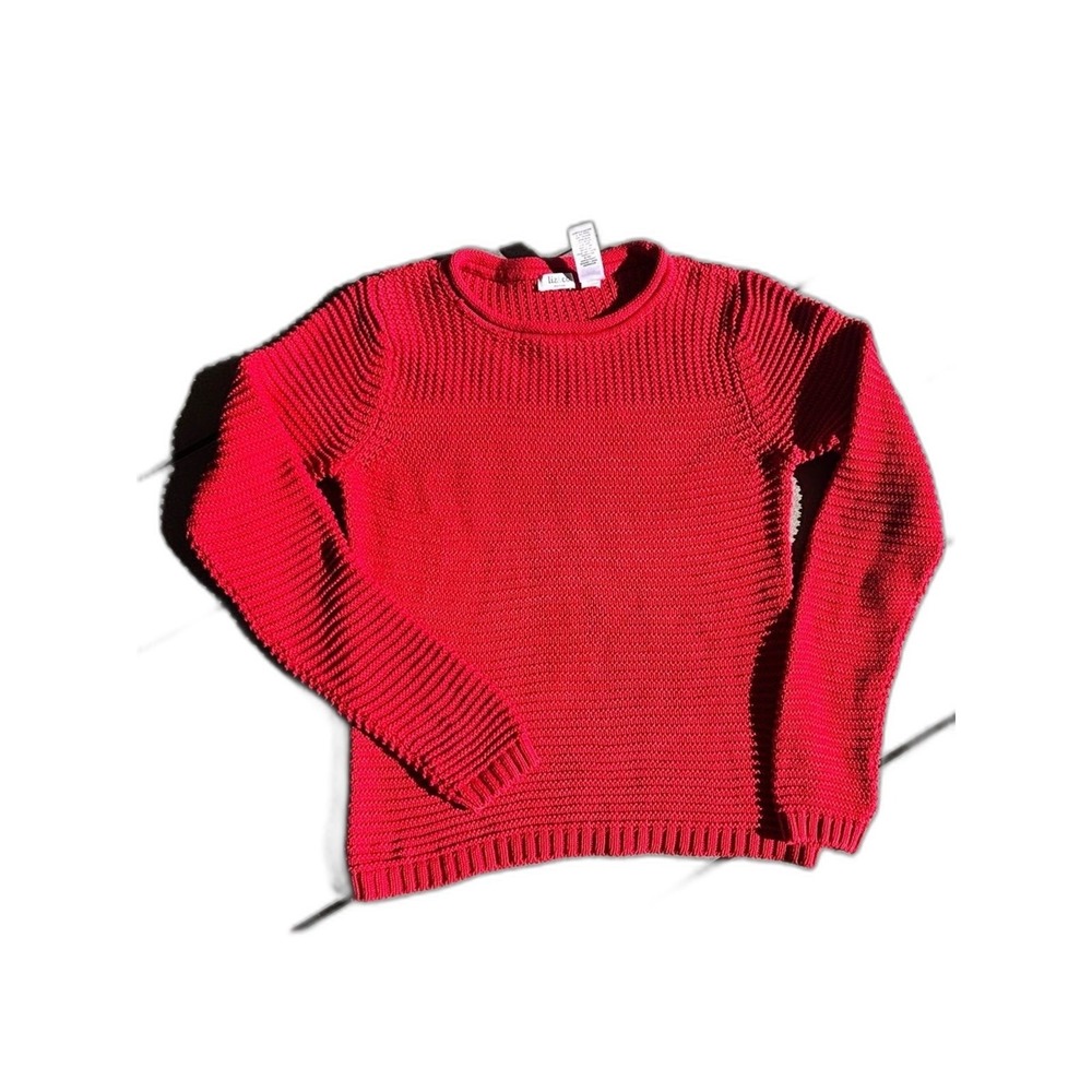 Vintage Liz & Co Petite L Red Cotton Knit Crewneck Sweater Y2K